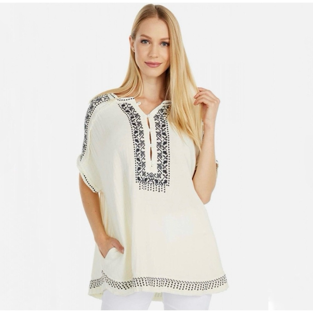 Johnny Was Brunay Blouse Women's Medium Ivory/Black Embroidered Gauzy Tunic Top